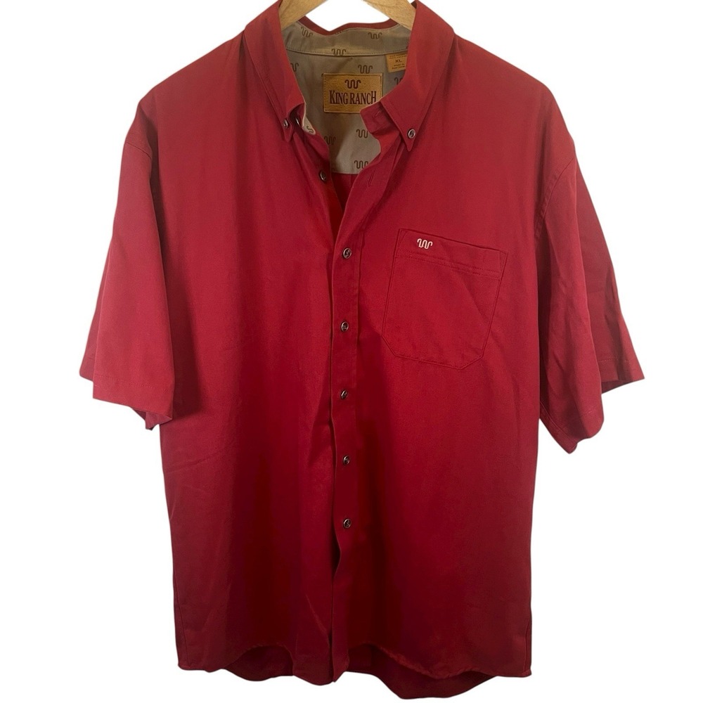 King Ranch Shirt Mens Red Western Work Cowboy Button Down Short Sleeve XL Logo